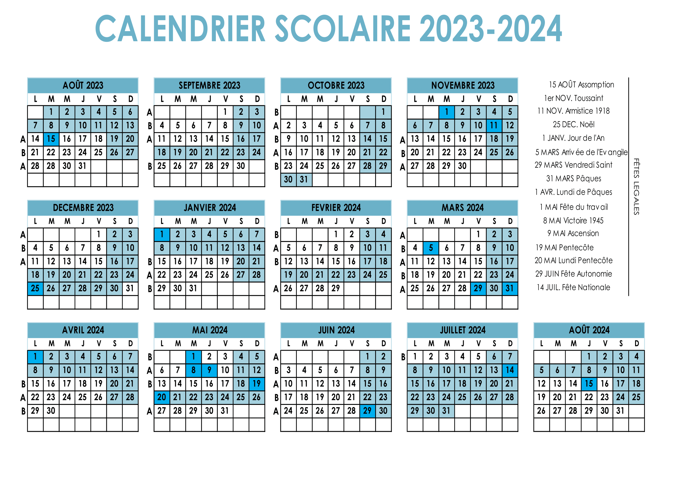 calendrier scolaires 2023-24